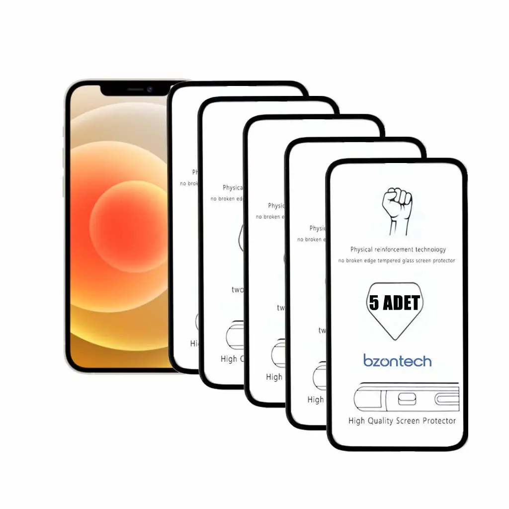 Bzontech iPhone 12 ile Uyumlu Ekran Koruyucu Tam Kaplayan 5li Set