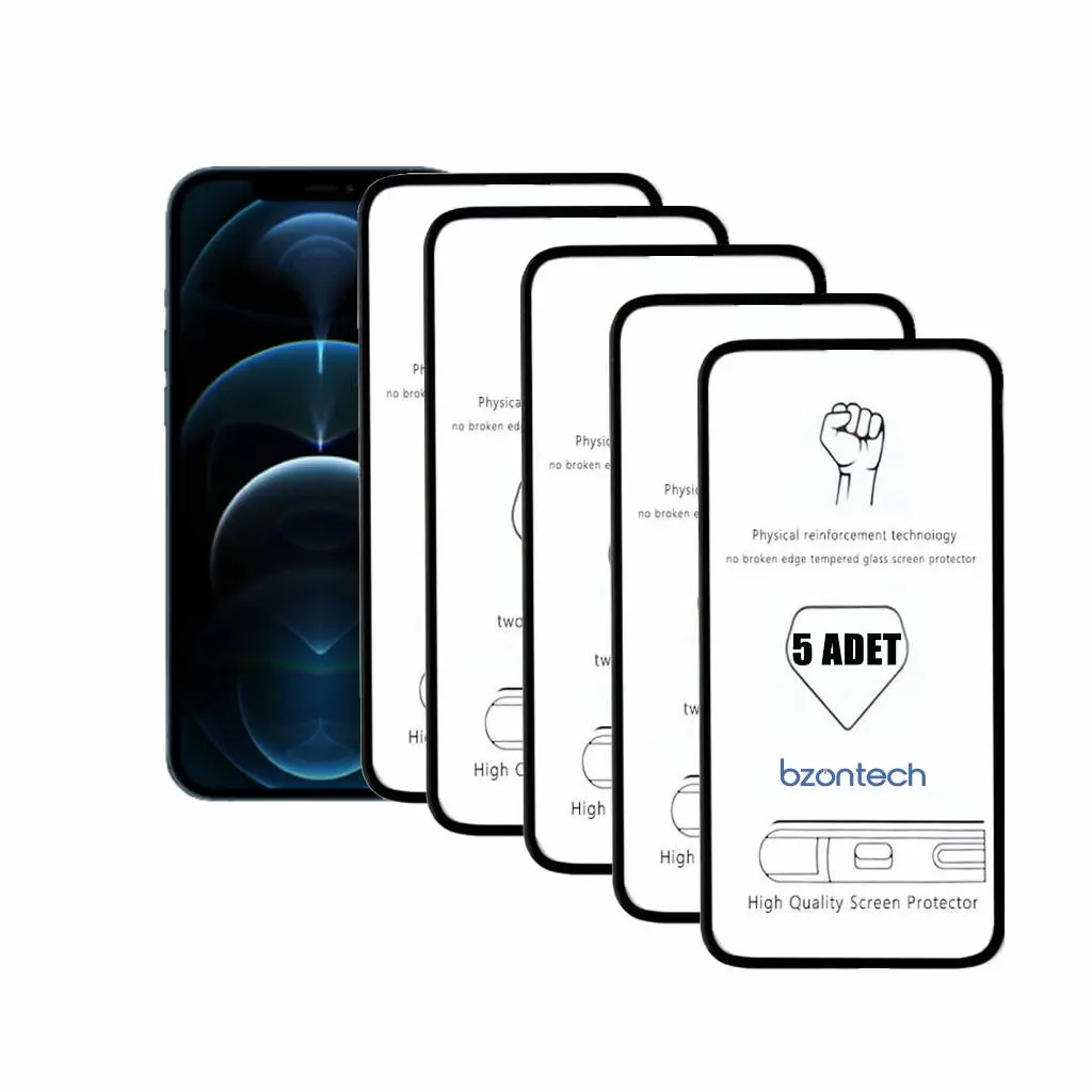 Bzontech iPhone 12 Pro Max ile Uyumlu Ekran Koruyucu Tam Kaplayan 5li Set