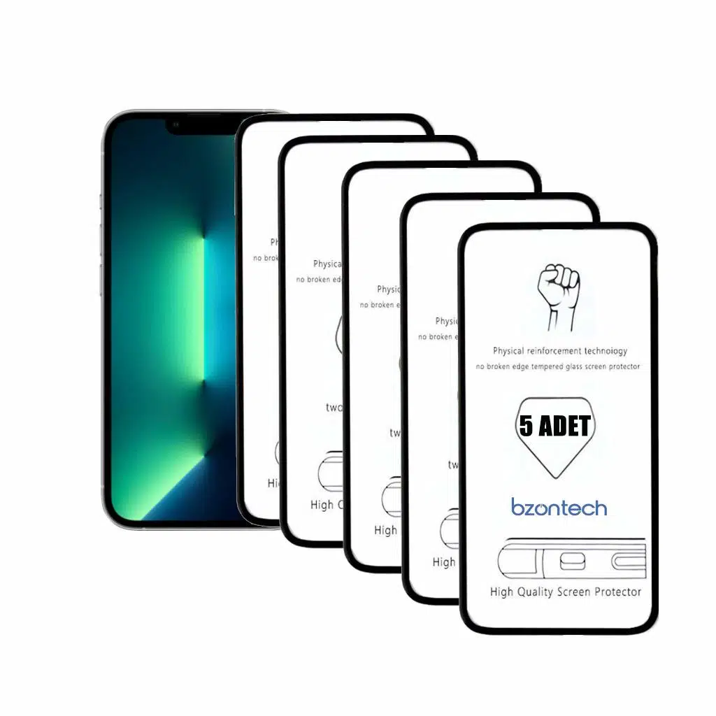 Bzontech iPhone 13 Pro ile Uyumlu Ekran Koruyucu Tam Kaplayan 5li Set