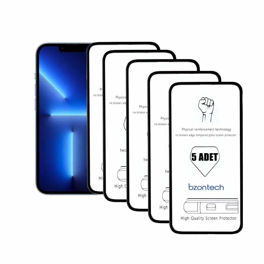 Bzontech iPhone 13 Pro Max ile Uyumlu Ekran Koruyucu Tam Kaplayan 5li Set