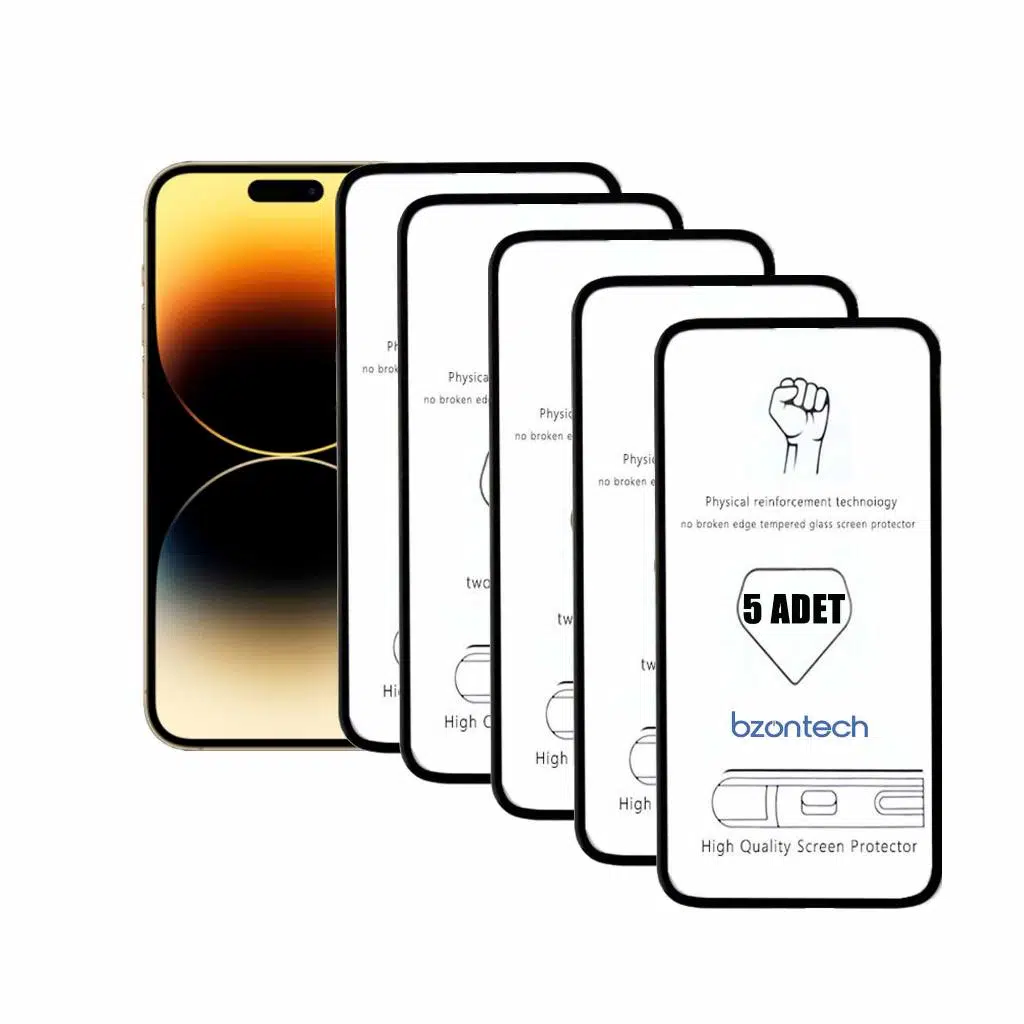 Bzontech iPhone 14 Pro ile Uyumlu Ekran Koruyucu Tam Kaplayan 5li Set