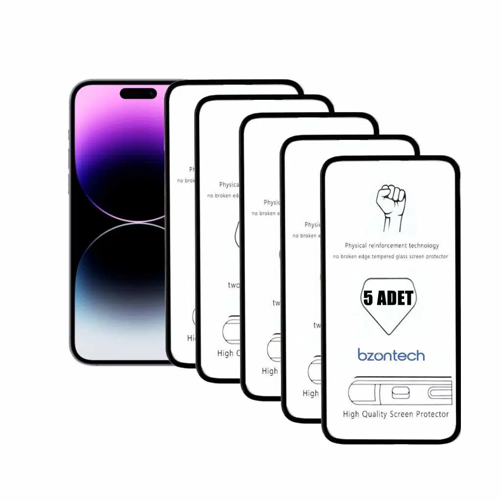 Bzontech iPhone 14 Pro Max ile Uyumlu Ekran Koruyucu Tam Kaplayan 5li Set