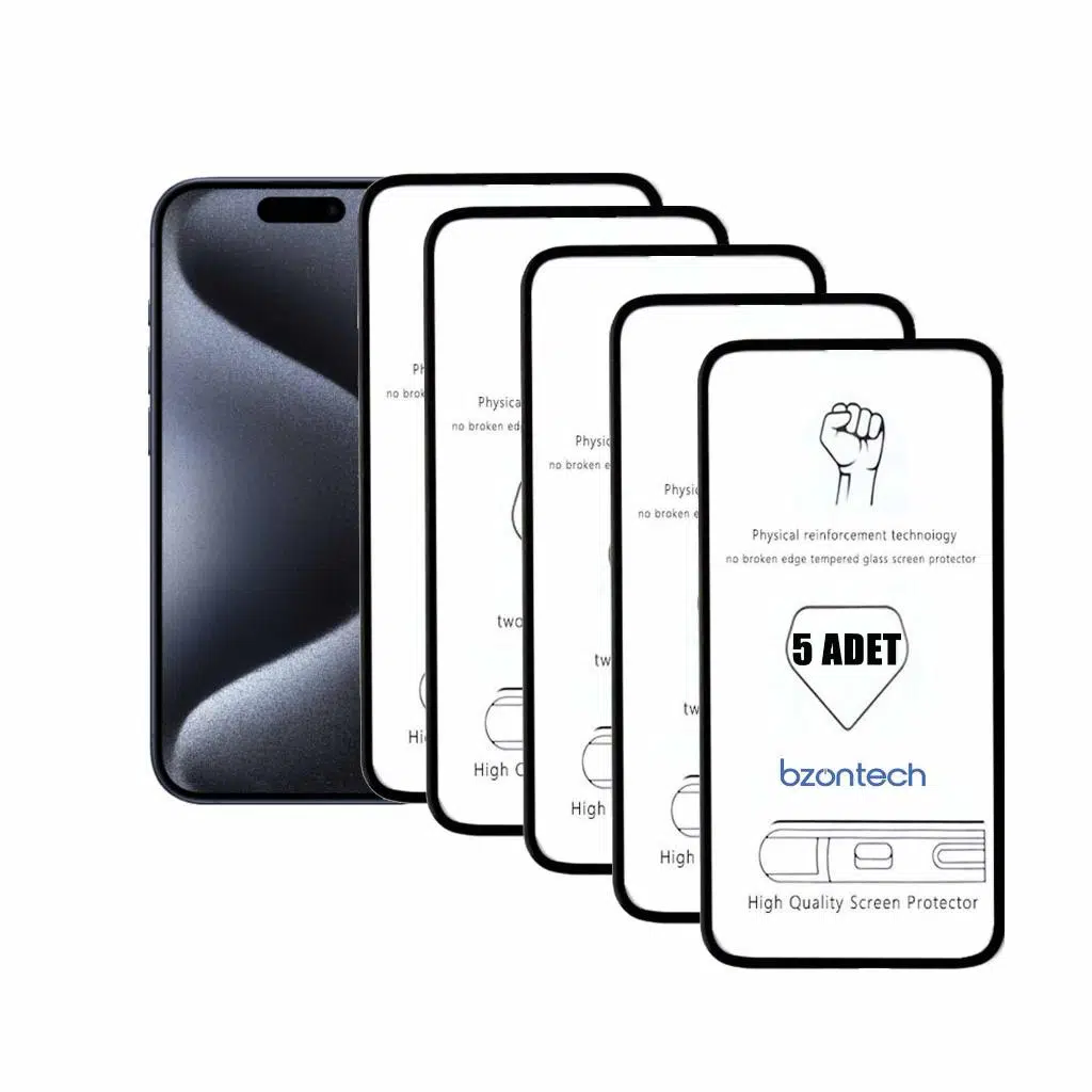 Bzontech iPhone 15 Pro ile Uyumlu Ekran Koruyucu Tam Kaplayan 5li Set