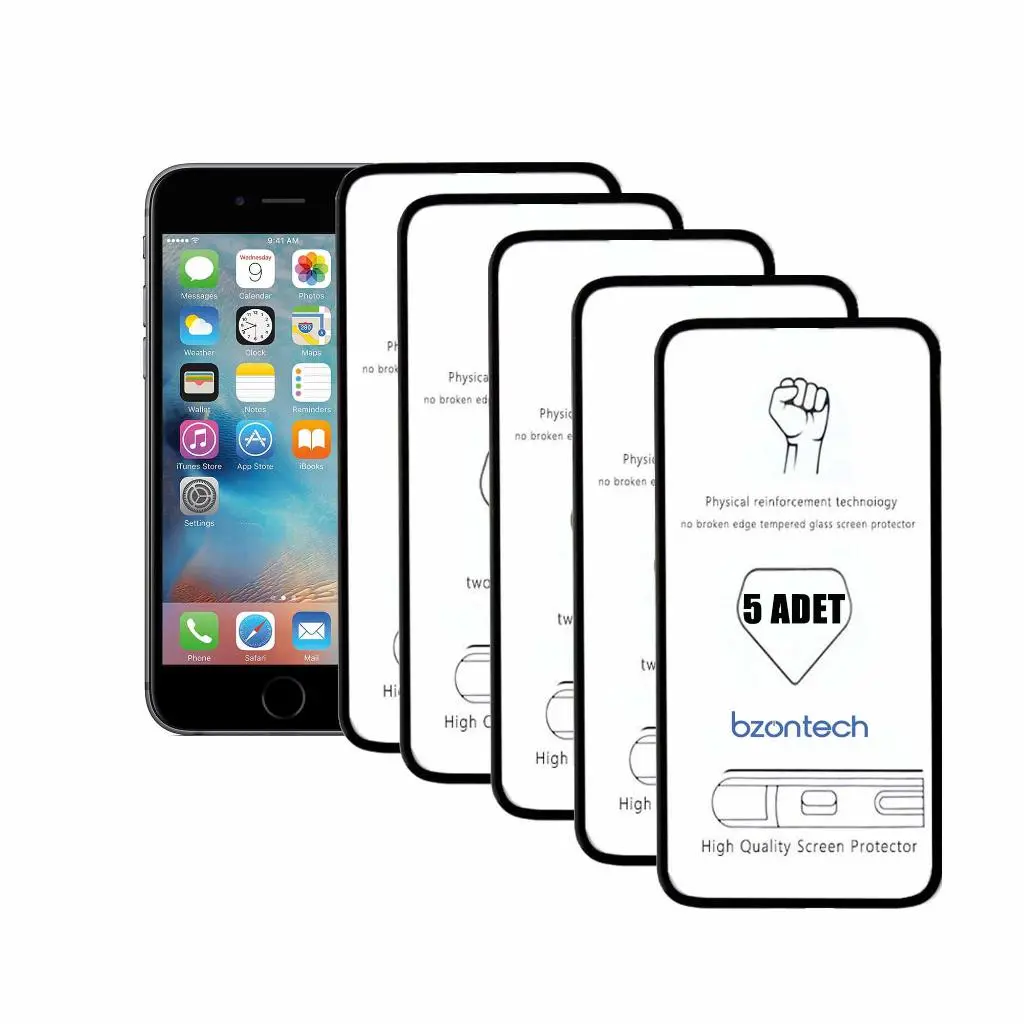 Bzontech Iphone 6-6s Siyah İle Uyumlu Ekran Koruyucu Tam Kaplayan 5li Set