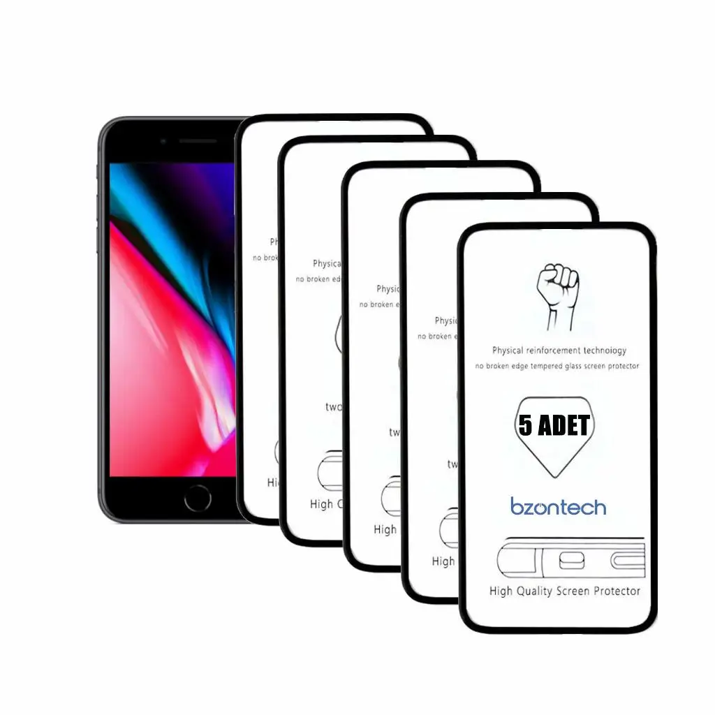 Bzontech Iphone 7 Siyah ile Uyumlu Ekran Koruyucu Tam Kaplayan 5li Set