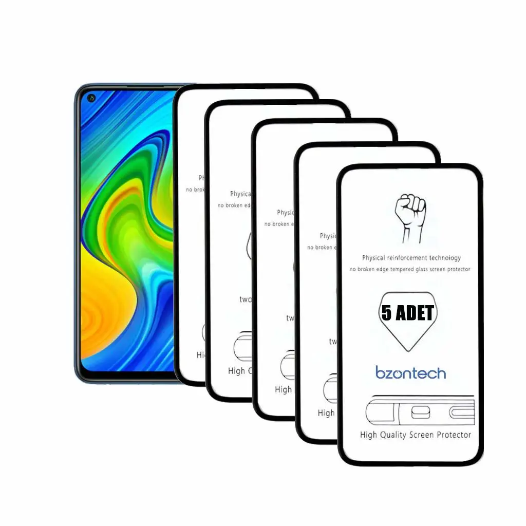 Bzontech Redmi Note 9 ile Uyumlu Ekran Koruyucu Tam Kaplayan 5li Set